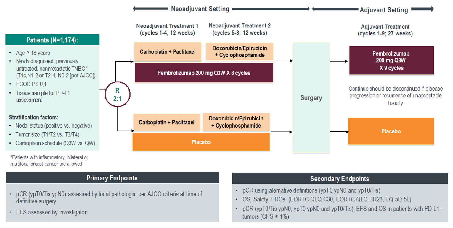 Study design flow of the KEYNOTE-522 trial. Patients were randomized in a 2:1 ratio to receive 1 of 2 study treatments in the neoadjuvant and adjuvant phase.