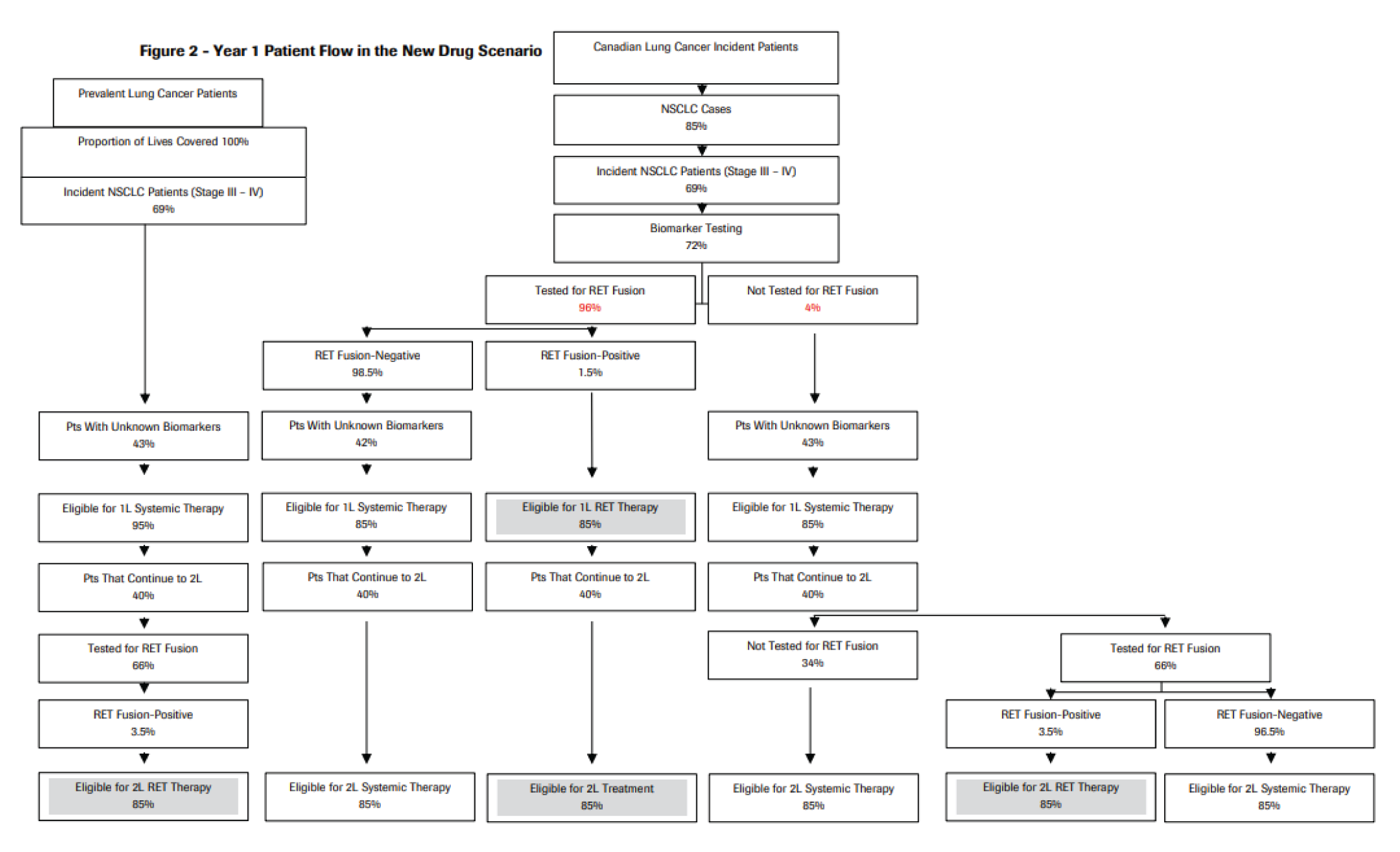 The size of the population eligible for pralsetinib was identified using an epidemiologic approach and consisted of several steps. The sponsor identified the number of lung cancer patients in Canada and determined the proportion of these cases that were non-small cell lung cancer, the proportion of patients with stage II to IV cancer, the proportion of patients who underwent biomarker testing, and of those the proportion who were tested for RET fusion and subsequently identified as positive. For patients who were either not tested for biomarkers initially, or had unknown biomarker status, the sponsor determined what proportion of such patients would continue on to second-line treatment and eventually be tested for RET fusion and test positive.