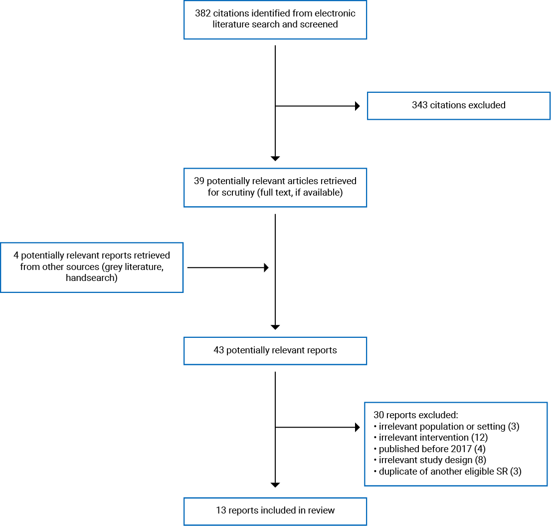 382 citations were identified, 343 were excluded, while 39 electronic literature and 4 grey literature potentially relevant full text reports were retrieved for scrutiny. In total 13 reports are included in the review.